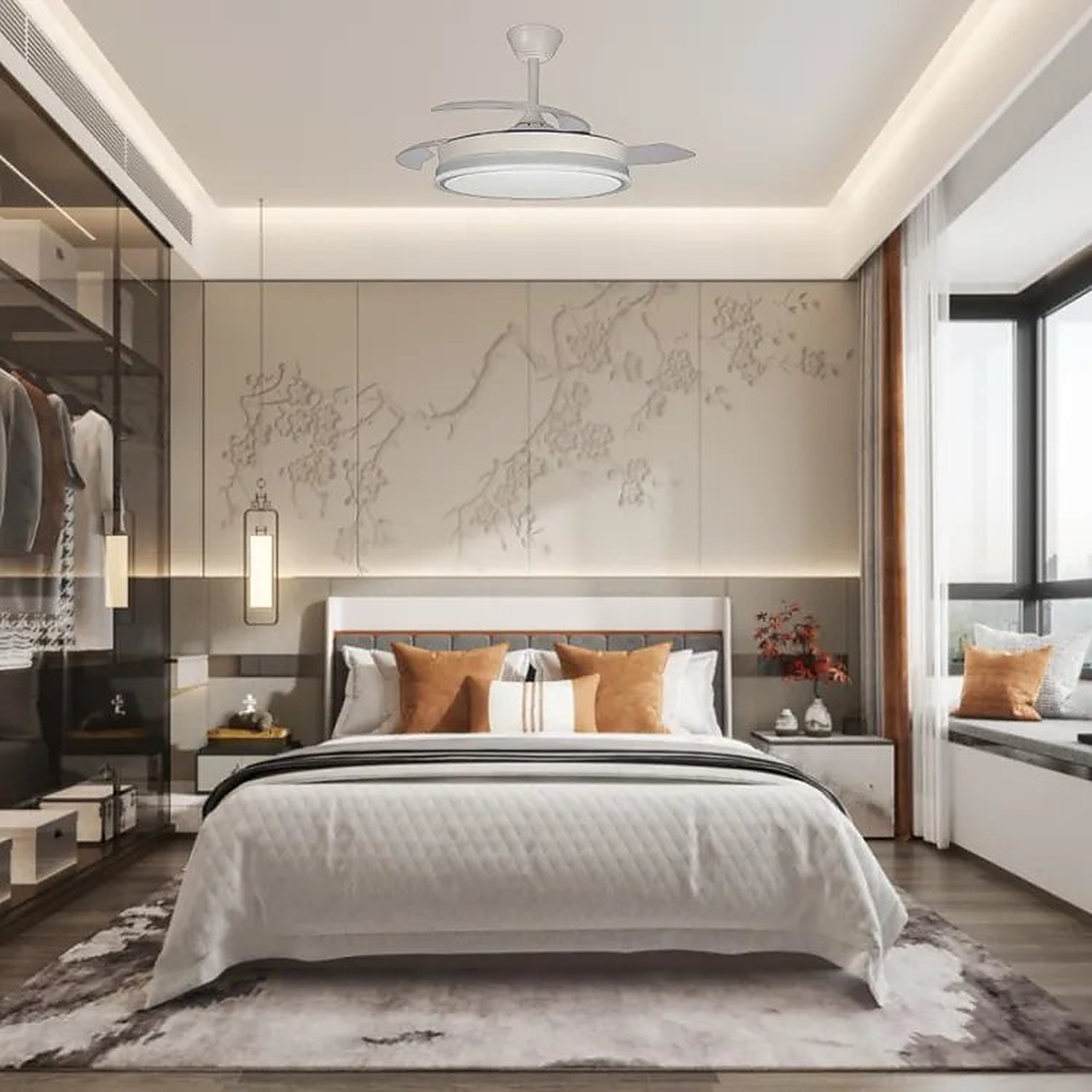 Ventilador de techo AkunaDecor instalado en un dormitorio