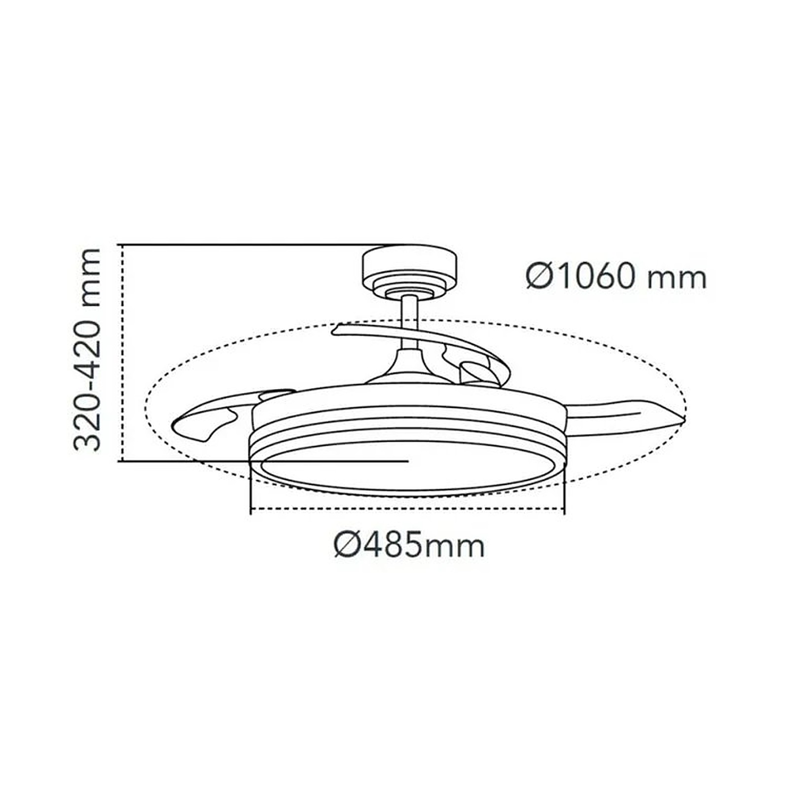 Medidas del ventilador: Ø1060 mm de barrido, Ø485 mm de cuerpo y 320-420 mm de caída